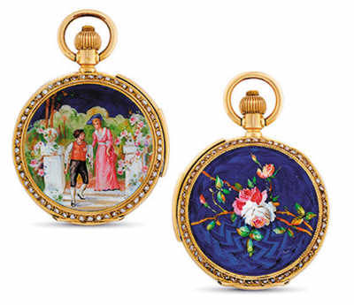 Invicta, 18K金及琺瑯鑲珍珠獵殼懷表,,配三問功能,,約1890年制,,在香港佳士得2013年春拍中以18.75萬港元(約合人民幣15萬元)成交。