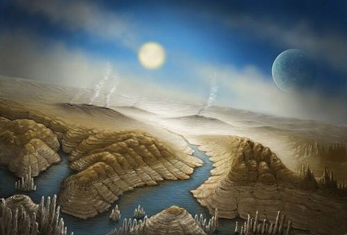藝術(shù)家筆下描繪的開普勒452b,。就算這顆行星真如天文學(xué)家合理“猜測”的那樣,，是一顆類似地球的巖石行星,，那里也不會(huì)是適合我們生存的第二家園,，而是10億年后未來地球的慘淡模樣,。
