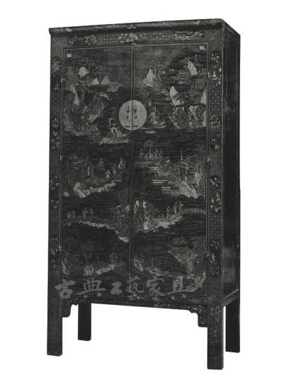 (一)清中晚期 紅漆描金山水人物圖方角柜(圖1-1)
高204.5厘米,,寬113.5厘米,,深53.3厘米
此柜紅漆為地,上描金彩繪紋飾,,想象實物,,定是富麗堂皇,光彩奪目。