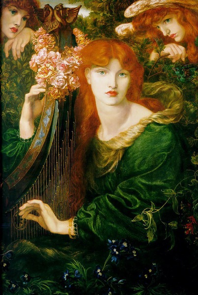 但丁·加百列·羅塞蒂，《彈豎琴的女人》（1873）,，布面油畫,。（來自倫敦市政廳藝?yán)龋? style=