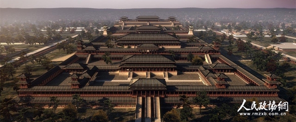 根據(jù)建筑史學(xué)家楊鴻勛先生《陜西西安漢長(zhǎng)安城未央宮遺址前殿復(fù)原設(shè)想鳥(niǎo)瞰圖》制作的漢未央宮模擬圖_副本