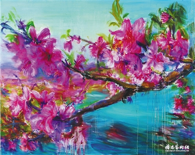 周春芽2006年作品《桃花風(fēng)景系列2006——湖上艷色》,。