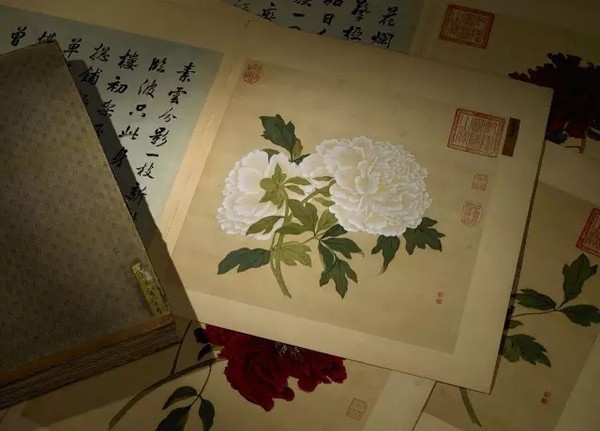 蔣廷錫百種牡丹譜 絹本冊頁（四冊 蔣廷錫畫,、戴臨書法各一百幀）