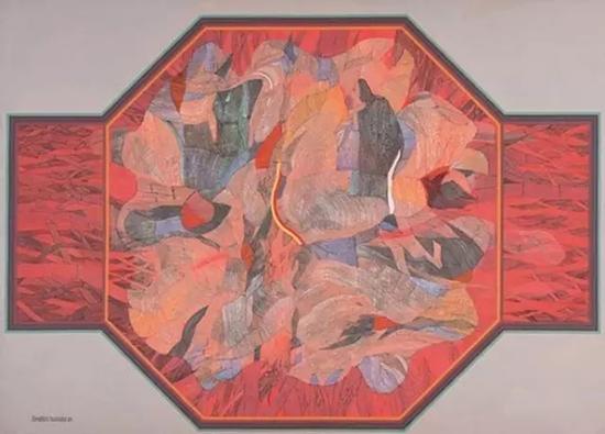 依布拉欣·胡先，《red,，orange,，core》，1984,，布面丙烯,，198.3×217.4 cm，馬幣797,，500.00元成交（佳士得提供）