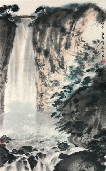傅抱石《瀑布》（木版水?。? longdesc=