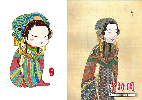 　　以國(guó)圖館藏《慶賞升平》為基礎(chǔ)設(shè)計(jì)的公主形象（左）,，右圖為《慶賞升平》中的公主形象。國(guó)家圖書館供圖