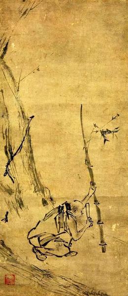 《六祖截竹圖》 宋 梁揩,，紙本，縱73厘米,，橫31.8厘米
藏日本東京國立博物館