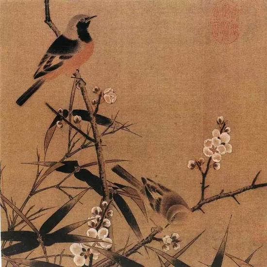 《梅竹雙雀圖頁》 宋,，絹本設色,，26c×26.5cm