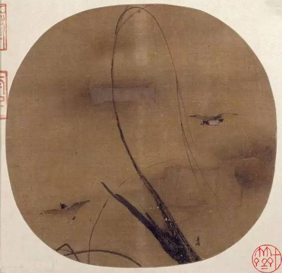 《秋柳雙鴉圖頁》 宋,，梁楷,，紈扇頁,，絹本設色，

縱24.7cm,，橫25.7cm