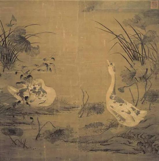 《秋塘雙雁圖》 北宋 佚名  絹本設色，170×167cm,，
臺北故宮藏