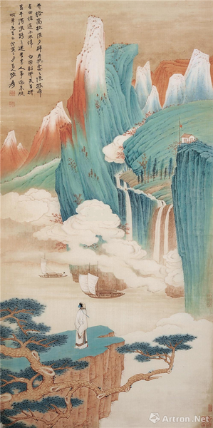 附圖19、張大千 1938年作 青山綠水 鏡心（2010年翰海3690萬元,，民國送梅蘭芳,，有梅先生上款）