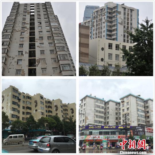 圖為昆明數(shù)小區(qū)外墻磚脫落嚴(yán)重,，如“俄羅斯方塊”?！】姵?攝