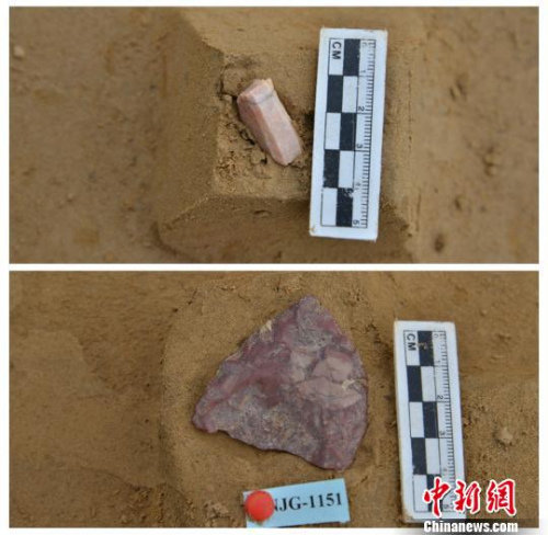 懷來盆地南家溝遺址出土的細(xì)石核與尖狀器,。 牛東偉 攝