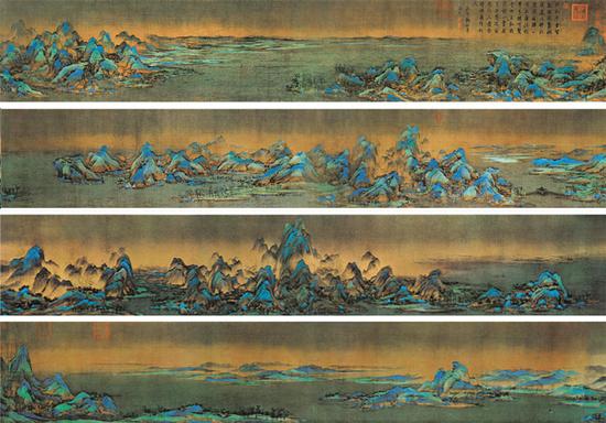 王希孟《千里江山圖》,，絹本青綠設色,，縱51.5厘米、橫1191.5厘米,，北京故宮博物院藏