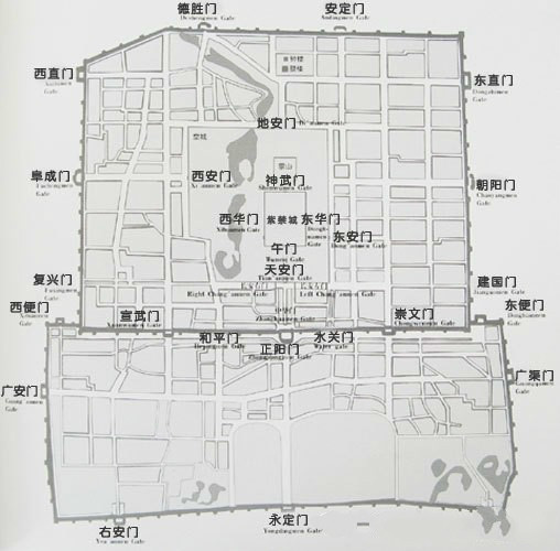 　　內(nèi)九門圖，其中建國門,、和平門,、復興門、水關(guān)門為晚清民國在城墻上掏出的“洞”,，并非真正意義上的城門