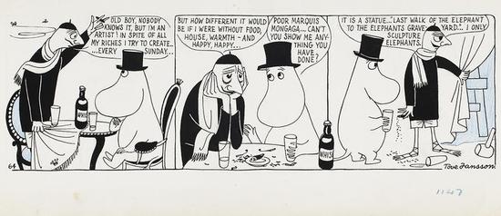 　　Tove Jansson,， Comic strip Moomin on the Riviera,， 1955， British Cartoon Archive， University of Kent,。 Photo： Finnish National Gallery / Jenni Nurminen