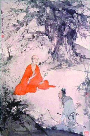 傅抱石《仿橋本關(guān)雪 石勒問道圖》，92.2cm×61.1cm 紙本設(shè)色,，約1945年作,，南京博物館藏