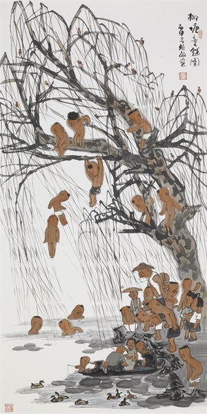 周矩敏 柳塘童戲圖 136cm×68cm