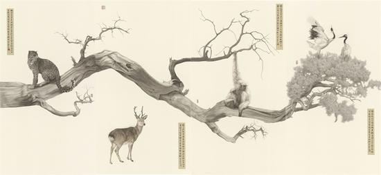 　　《望春風(fēng)-鶴：培風(fēng)；豹：寓言,；鹿：瞻爾；猴：負(fù)舟》 128×276厘米×4 紙本設(shè)色 秦艾 2016年