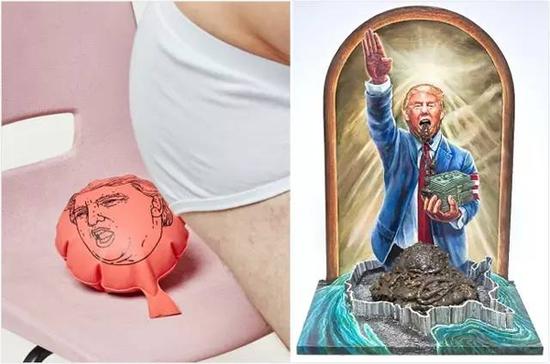 左圖是特朗普屁墊,，右圖是諷刺特朗普乃當(dāng)代希特勒的漫畫。