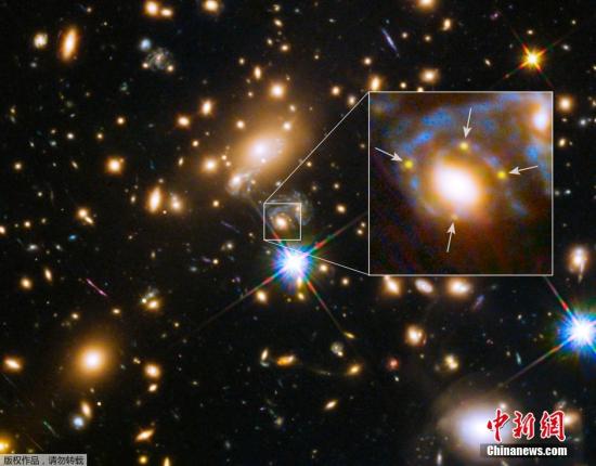 資料圖：2015年3月5日,，NASA發(fā)布了哈勃太空望遠鏡拍攝的MACS J1149.6+2223星系團照片。
