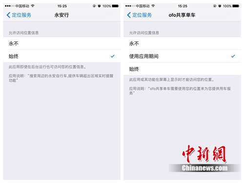 某些共享單車APP定位服務(wù)處在“始終”開啟狀態(tài)中,。