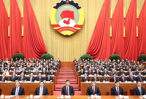 3月3日,，中國人民政治協(xié)商會議第十二屆全國委員會第五次會議在北京人民大會堂開幕。這是習(xí)近平,、李克強(qiáng),、張德江、劉云山,、王岐山,、張高麗在主席臺就座。新華社記者 鞠鵬 攝