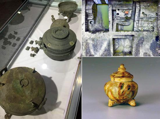 拼版圖片,，左：成都市青白江區(qū)大彎鎮(zhèn)雙元村發(fā)掘出土的青銅器,；右上：成都市青龍街一工地發(fā)現(xiàn)的摩訶池西北角遺址,；右下：邛窯精品邛三彩香爐,。