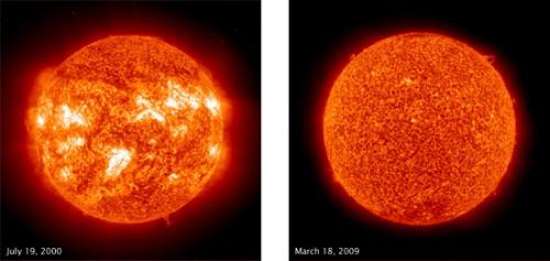 2000年(左)和2009年(右)的太陽(yáng)紫外線圖像,。(圖片來源：NASA)