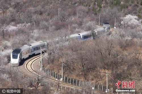 2017年3月26日,，北京居庸關(guān)長城腳下,，山花漸次盛開，和諧號列車行駛在花海中,，駛向春天,，美如畫卷。王明允 攝 圖片來源：視覺中國