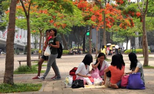 資料圖片：在香港維多利亞公園休息的菲傭,。新華社記者 陳曉偉 攝