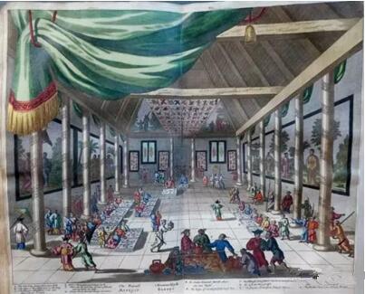 《荷蘭人在北京宴席圖》 1662年，彩色版畫,，Olfert Dapper,GedenkwaerdigBedrijf, 1670年