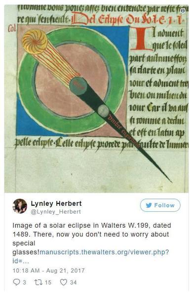 “看，這是1489年在Walters W.199日全食的照片,?？催@張照片的時候，你不用帶特殊的眼鏡噢,！”,。圖片：Lynley Herbert的Instagram