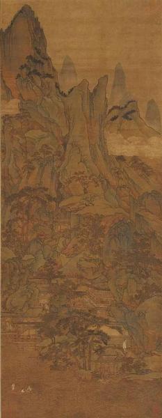 胡廷暉《春山泛艇圖》 絹本,，青綠設(shè)色,，縱143cm，橫55.5cm,，北京故宮博物院藏