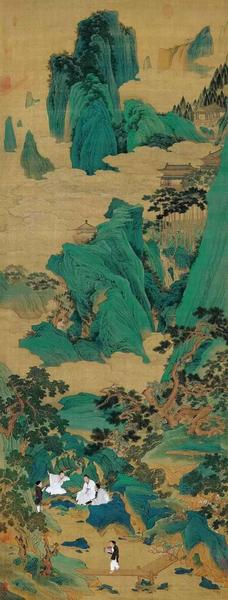 仇英《玉洞仙源圖》軸,，絹本，設(shè)色,，縱169cm,，橫65.5cm，北京故宮博物院藏