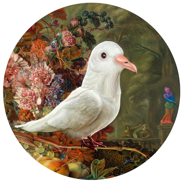 Carollyne Yardley，Holy Spirit Wears a Dove Mask,，oil on panel ,，91.5x91.5cm ，2016 卡羅琳·亞德利 《圣靈帶著鴿子的面具》 油畫  91.5x91.5cm