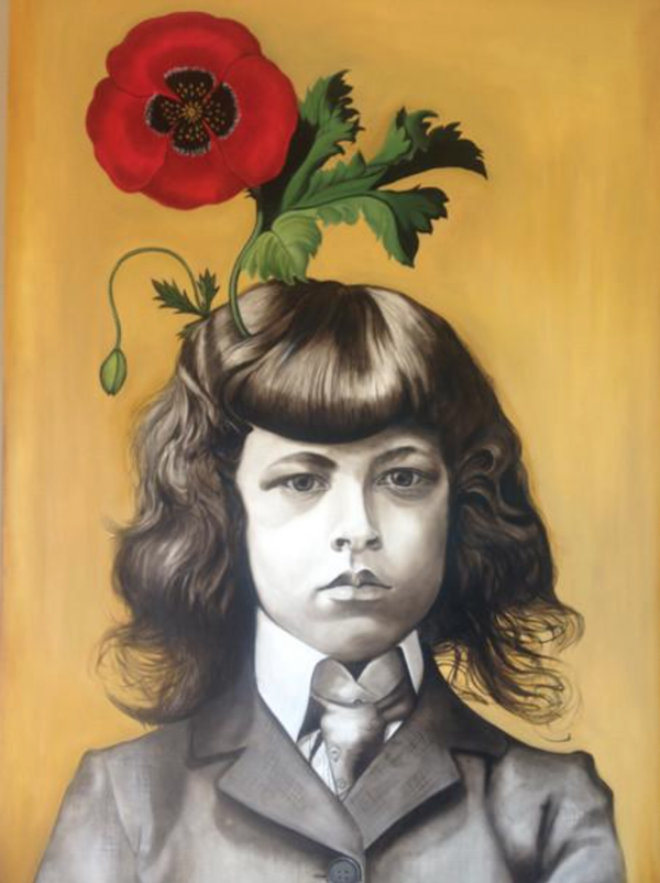 Marianna Gartner ，Boy with flowers for brains 3,， Oil on canvas,， 183x122cm ，2017瑪麗安娜·加特納 《男孩與花3》油畫 183x122cm 2017