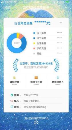 2017支付寶年賬單總覽頁面,，包含線上消費(fèi),、線下消費(fèi)等項(xiàng)目。