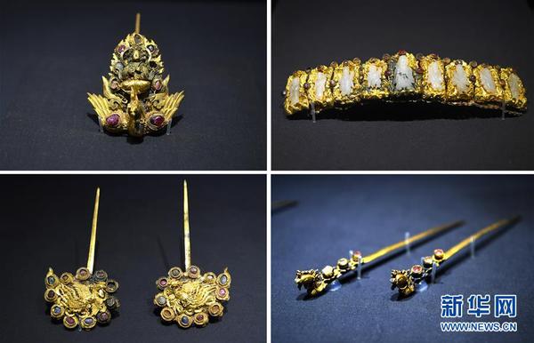 日前，飾代風(fēng)華——江西省博物館藏明代王妃首飾精品展正在江西省博物館展出,。展覽展出江西明代藩王系墓中128件（套）精美飾品,。圖為1月7日展出的精美頭飾（拼版照片）。