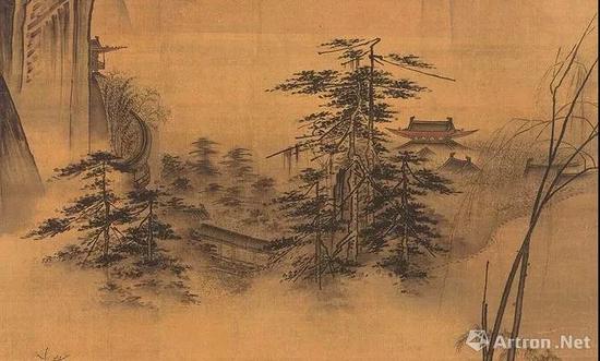 《踏歌圖》中影影綽綽的山間建筑,，令人心生向往。