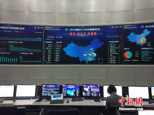 2月2日,，<a target='_blank' href='http://www.chinanews.com/' >中新網(wǎng)</a>記者探訪(fǎng)鐵路票務(wù)中心,。大屏幕上顯示2018春運(yùn)12306售票實(shí)況。<a target='_blank' href='http://www.chinanews.com/' >中新網(wǎng)</a> 李金磊 攝