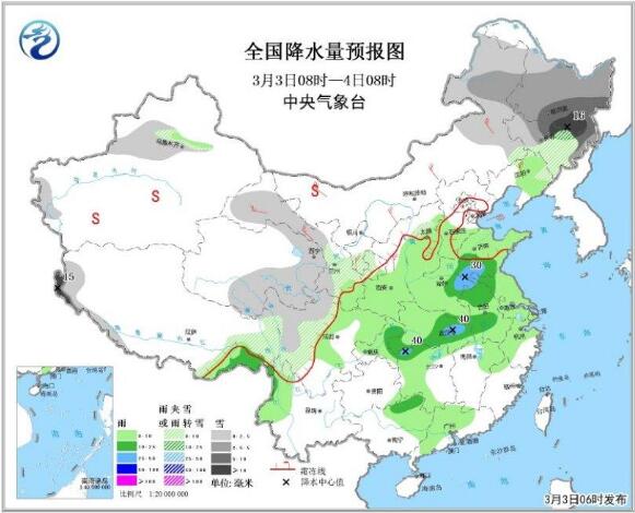 圖2 全國降水量預(yù)報(bào)圖(3月3日08時(shí)-4日08時(shí))