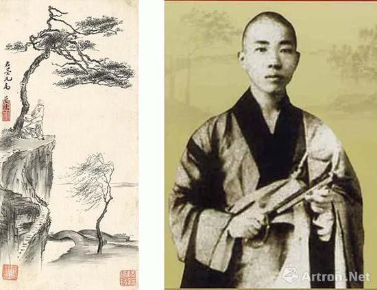左圖：《墨玅冊(cè)》中的僧人形象右圖：蘇曼殊像