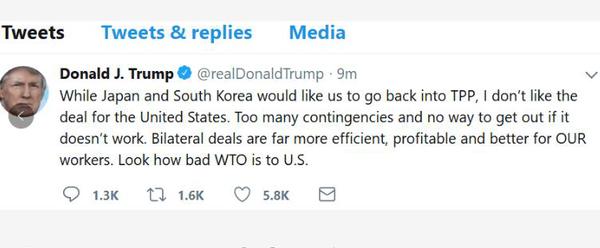 “雖然日本和韓國想讓我們重返TPP,，但我不喜歡美國涉及的那些條款,。”