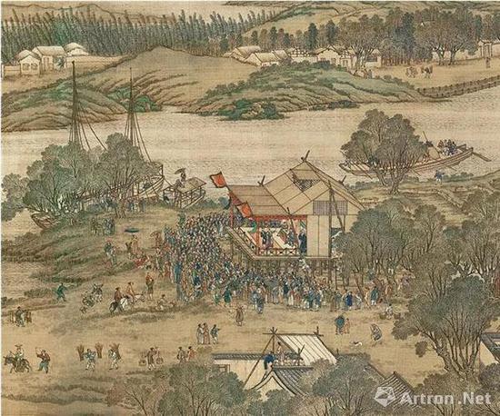 　?。ㄇ澹╆惷丁O祜,、金昆,、戴洪、程志道 　　清院本 清明上河圖（局部） 絹本設(shè)色縱35.6厘米橫 1152.8厘米 臺(tái)北“故宮博物院”藏
