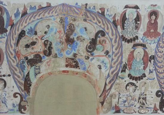 莫高窟第285窟北壁忍冬禽鳥龕楣現(xiàn)狀臨?。ň植浚┡砦募? style=