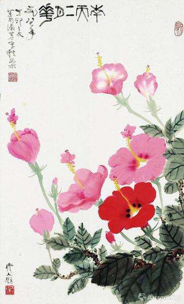 蕭淑芳吳作人1987年合作《南天二月花》，成交價(jià)33.35萬元,，北京保利2018春拍