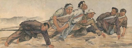 《纖夫》 李斛 水墨設(shè)色 86×234 cm 1946年