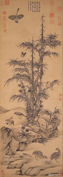 王淵,，《竹雀圖》軸，元,，紙本水墨,，139.3×49.9厘米，日本大阪市立美術(shù)館藏