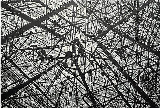 肖習(xí)石 橫直交響之五 黑白木刻 47×70cm 2016年